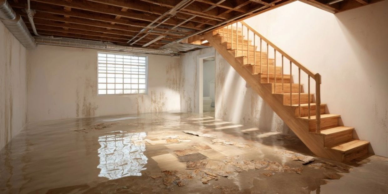 Flooded basement with wooden stairs and peeling floor.