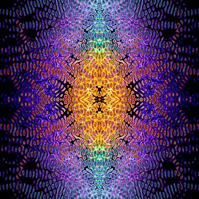 Vibrant symmetrical abstract pattern with bright colors and textured shapes.