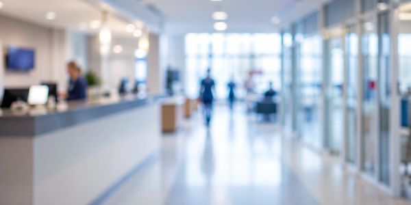 Blurred image of a hospital corridor with medical staff.