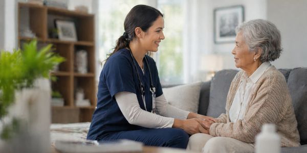 A nurse warmly holding an elderly woman's hands during a home visit.