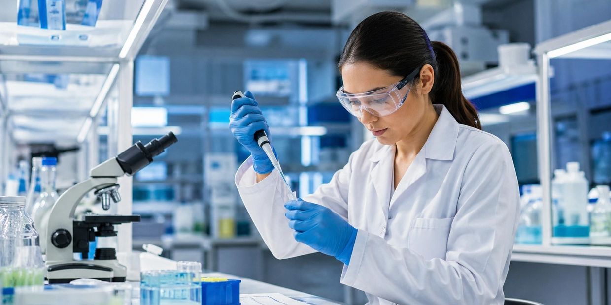 Scientist in lab coat and safety goggles using a pipette in a modern laboratory.