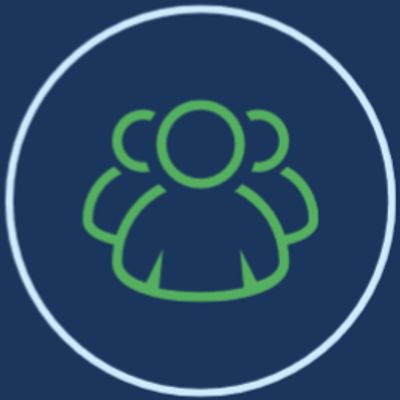 Green group icon inside a blue circle on a dark blue background.