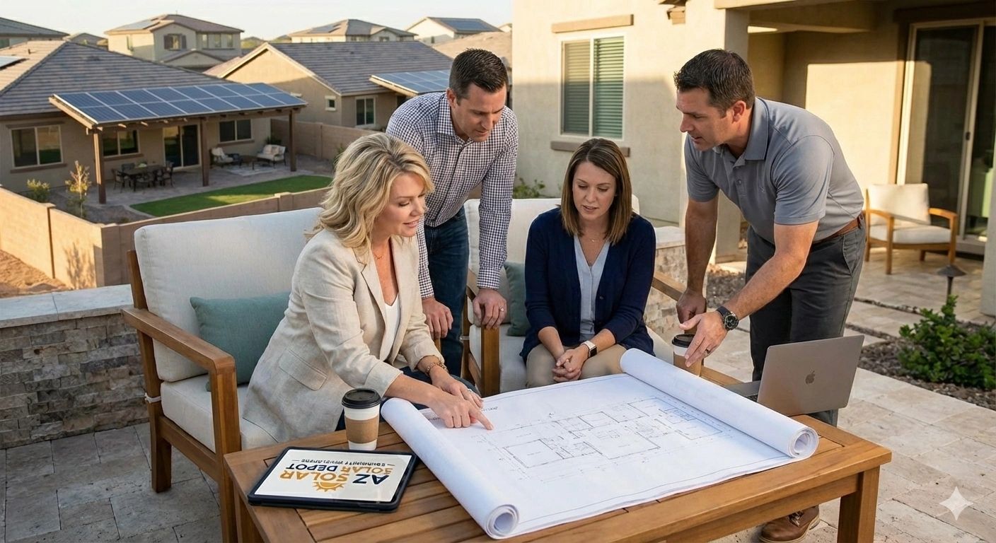 Four professionals discussing house blueprints outdoors with tablets and laptops.