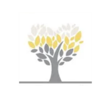 Stylized tree with yellow, gray, and white leaves on a white background.