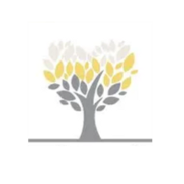 Stylized tree with yellow, gray, and white leaves on a white background.