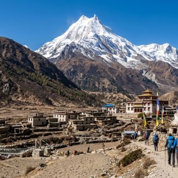 Hikers walking towards a Himalayan village with snow-capped peaks.