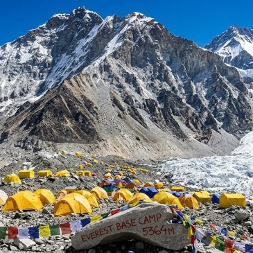 Base camp with yellow tents at Everest.