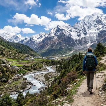 Hiker walking through a mountainous valley with snow-covered peaks.