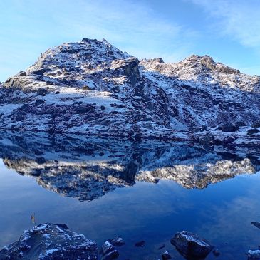 Snowy mountain reflected in a clear lake.