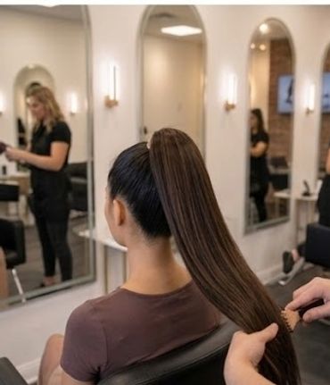 Woman with long ponytail at a hair salon.