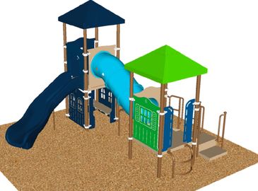Colorful playground structure with slides and climbing features for children.