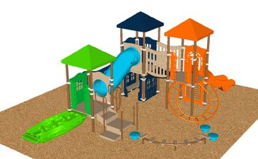Colorful playground with slides, climbing structures, and a sandbox area.