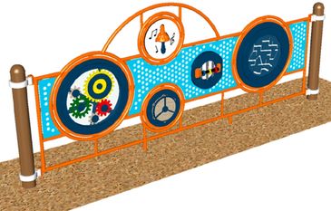 Colorful interactive playground panel with gears and maze games for children.