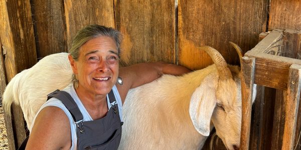 Woman smiling next to a white goat in a wooden pen.