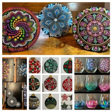Dot Mandala on a variety of surfaces, rocks, ornaments, wineglasses & journals 

Minimum 10 p