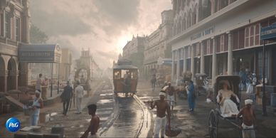 A busy street scene with vintage trams and carriages under dramatic skies.