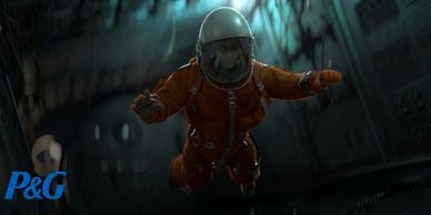 Astronaut in an orange suit floating inside a dimly lit spacecraft.