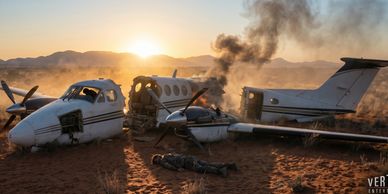 Wreckage of a small plane in a desert at sunset with smoke rising.
