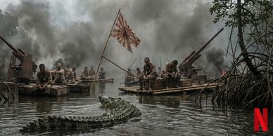 Soldiers on rafts confront a giant crocodile in a smoky, war-torn swamp.