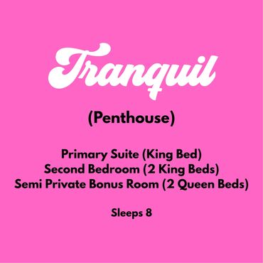 Text describing a penthouse with multiple bedrooms and beds, sleeping 8.