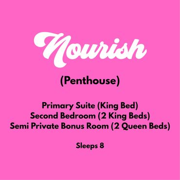 Information about a penthouse named Nourish with bedroom details and sleeping capacity.
