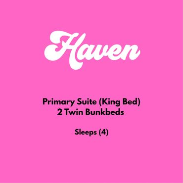 Bright pink sign showing Haven accommodation details with bed types and sleeping capacity.