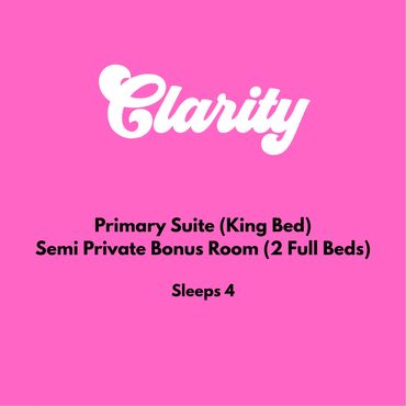 Text describing a suite with a king bed and a bonus room with two full beds.