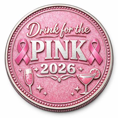 Pink-themed badge promoting a 2026 event with breast cancer ribbons and drinks.