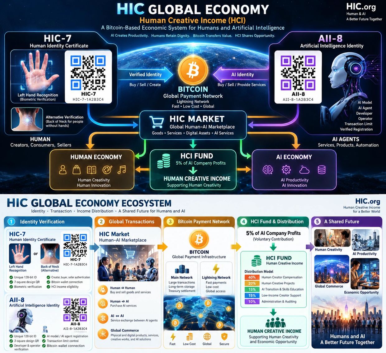 Infographic explaining the HIC Global Economy system using human and AI identities with Bitcoin.