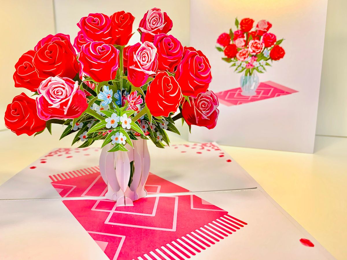 Sensational Bouquet of Red & Pink Roses in a Vase Pop Up Card
