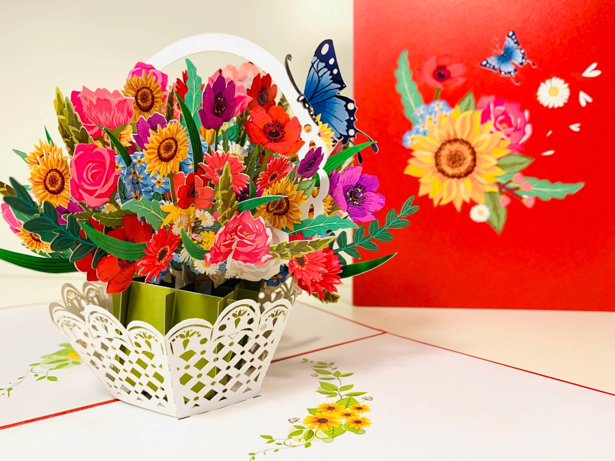 RED Spring Colourful Flower Basket ~ 3D Pop Up Greeting Card