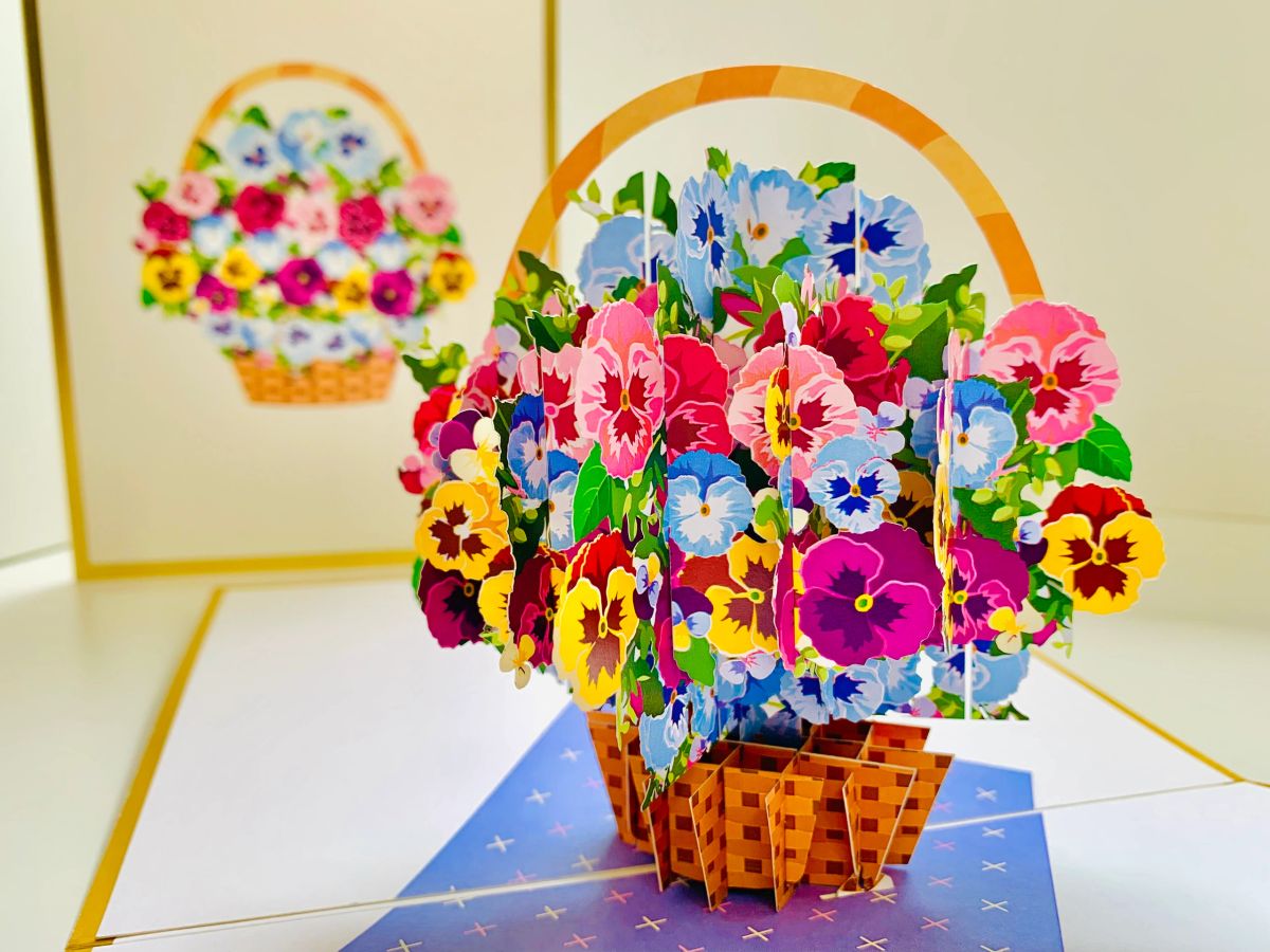 Luxury Gold Embossing Pansies Flower Basket ~ 3D Pop Up Greeting Card