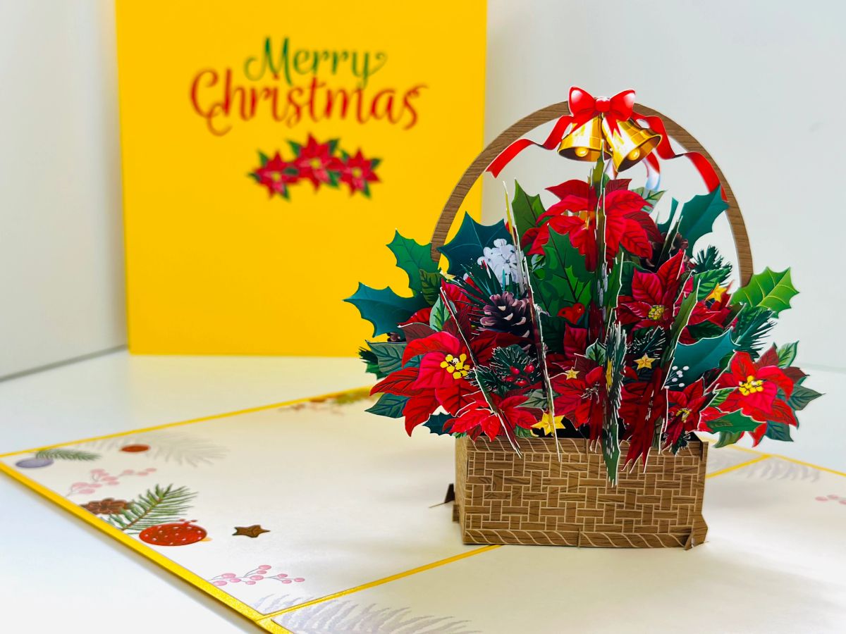 Christmas Poinsettia Flower Basket ~ 3D Pop Up Merry Christmas Greeting ...