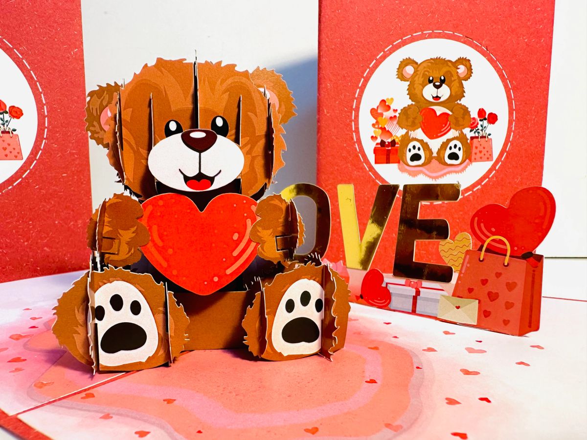 LOVE Brown Teddy Holding a Love Heart & Presents - 3D Pop Up Greeting Card