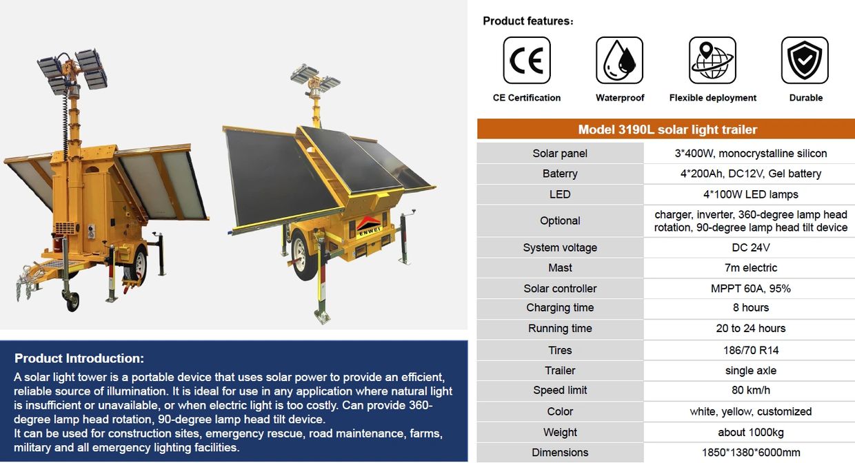 Portable solar light trailers with 360-degree rotating lamp heads for efficient, reliable illumination.