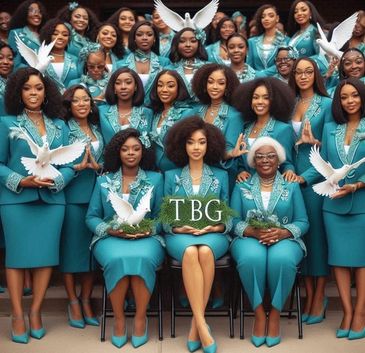 Group portrait of women in teal suits with white doves.