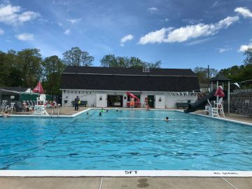 Outdoor swimming pool with people enjoying a sunny day.