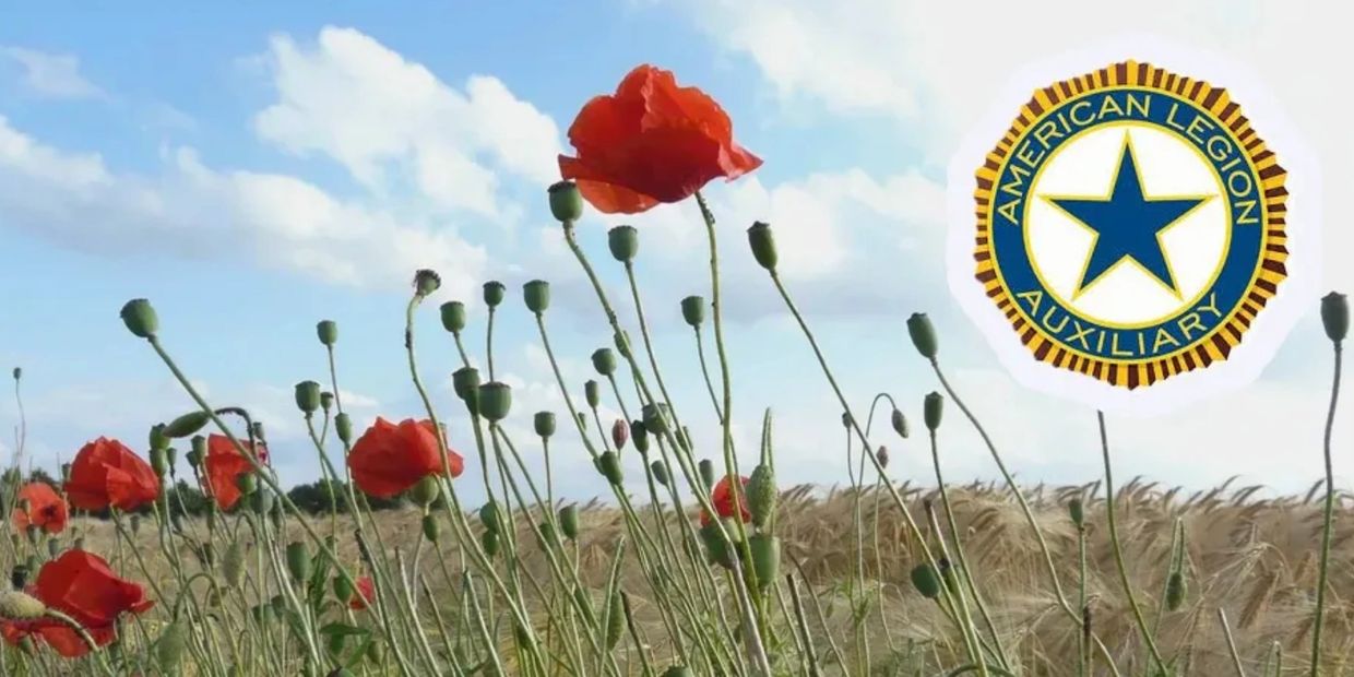 Red poppies sway in a field under a blue sky with the American Legion Auxiliary emblem.