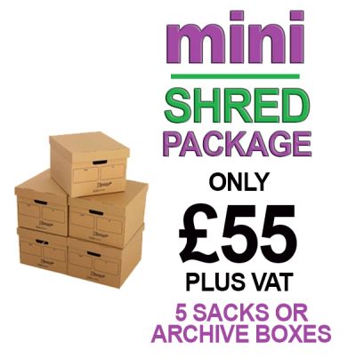 Mini shred package with five archive boxes for £55 plus VAT.