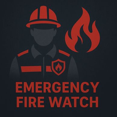 Graphic of a firefighter icon with flame and emergency fire watch text.