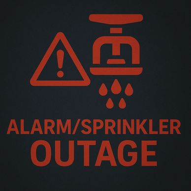 Warning sign indicating alarm and sprinkler outage.