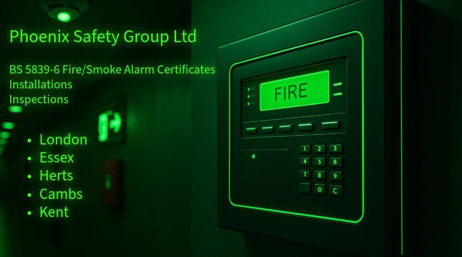 green brand fire alarm panel with heading locations and services list in dimly lit hallway