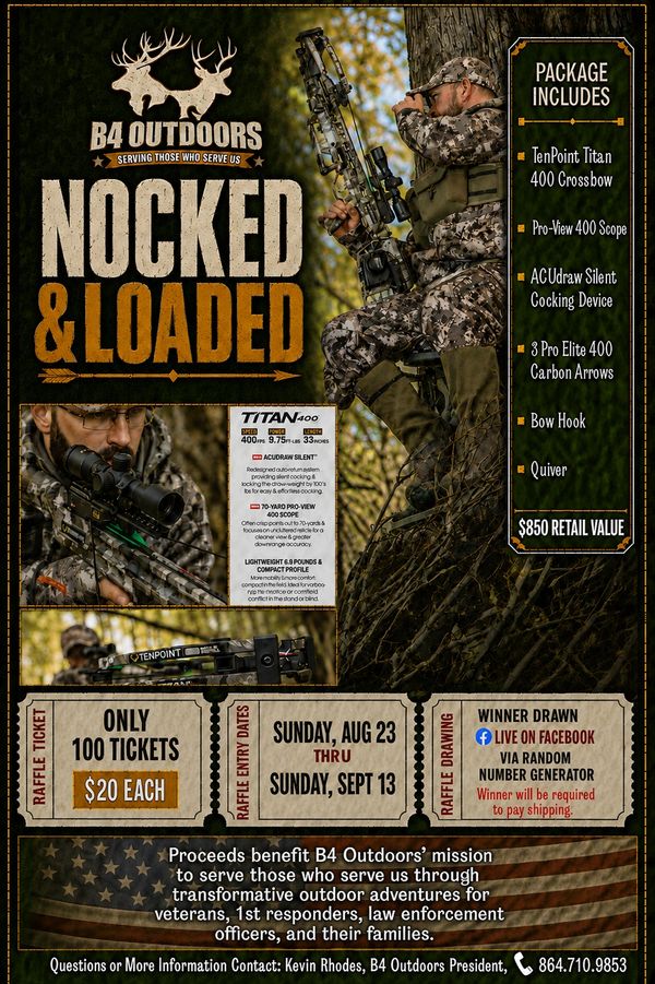 B4 Outdoors Nocked &amp; Loaded crossbow raffle details.