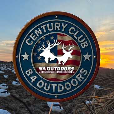 Logo for B4 Outdoors Century Club with a sunset background.