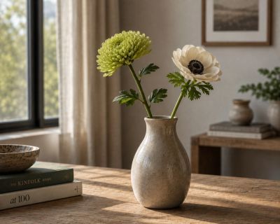 Small ceramic vase with two flowers on a wooden table.