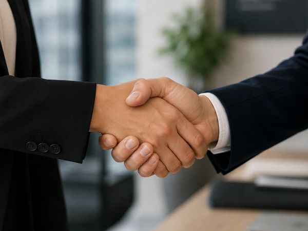 Two professionals shaking hands, symbolizing agreement or partnership.
