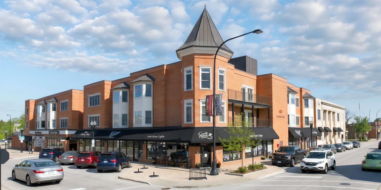 A brick commercial building with a pointed turret and parked cars under a cloudy sky.