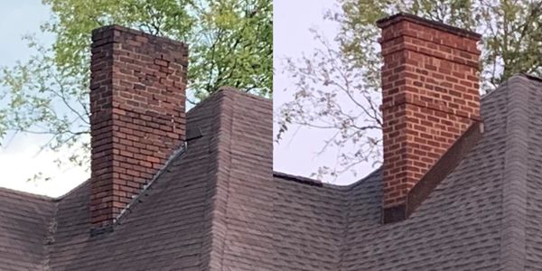 Brick chimney rebuilt from the roofline up in Knoxville’s Fourth & Gill Historic District.