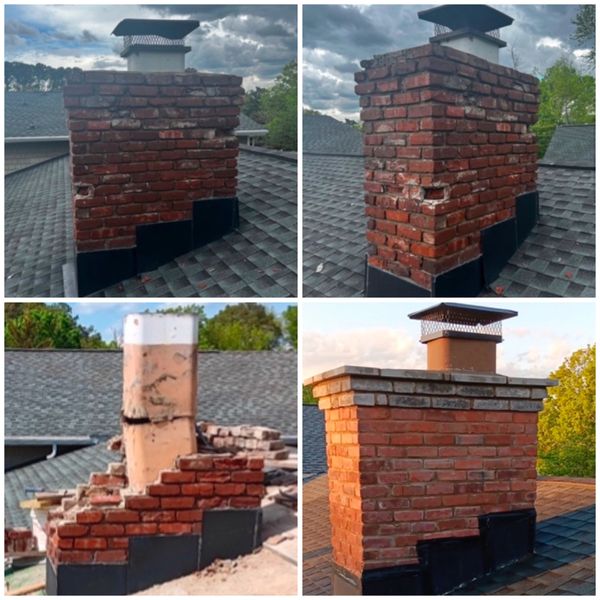 Brick chimney rebuilt from the roofline up, reusing original brick where possible, with damaged masonry replaced and a new crown and drip edge added.