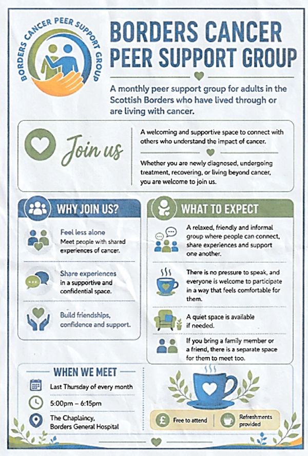 Info flyer for Borders Cancer Peer Support Group in Scottish Borders.
